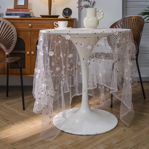 Pink mesh tablecloth with 3D floral embroidery and elegant drape for photography