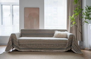 Copridivano jacquard boho con motivi etnici e dettagli di frange testurizzate chic