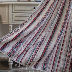 Striped cotton linen curtain with bohemian geometric patterns and handmade tassels