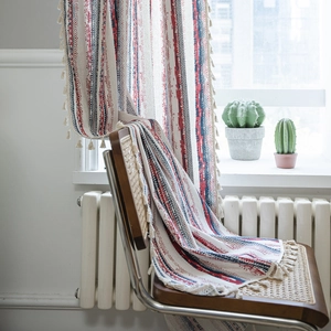 Bohemian striped cotton linen window curtain with geometric patterns and tassels