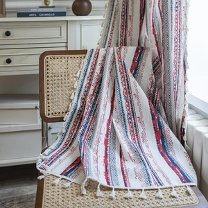 Bohemian striped cotton linen curtain with tassels and blue red geometric patterns