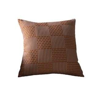 Modern square brown jacquard pillow cover with white wave geometric patterns on white background