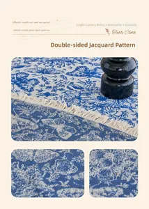 Macro detail of blue floral butterfly tablecloth with high-density jacquard weaving texture
