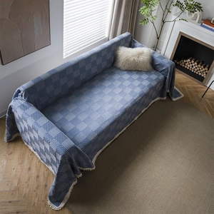 Blue geometric jacquard sofa cover throw with elegant white tassels for home decor