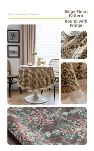 Detail of beige round tablecloth featuring floral jacquard and white fringe trim