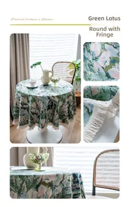 Detail of green lotus jacquard fabric with white tassel fringe on round tablecloth