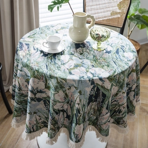 Elegant green floral jacquard round tablecloth with cream tassels in vintage country style