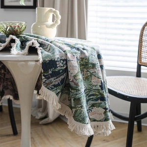 Forest green jacquard floral tablecloth with heavy landscape weaving and cotton tassels