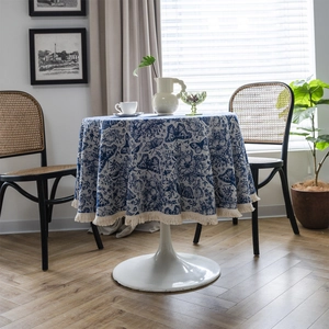 Round cotton linen tablecloth with blue butterfly floral pattern and fringe trim