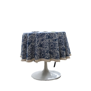 Elegant round tablecloth with blue butterfly floral pattern and fringe tassels for dining table