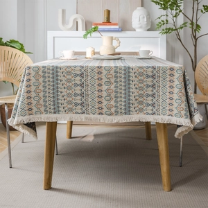American Bohemian Geometric Jacquard Tablecloth Thick Rectangular Blended Fabric Table Cover With White Tassels For Dining Room Home Decor