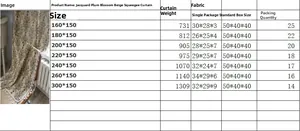 Detailed size chart for beige floral jacquard curtains with fringe and weight specifications