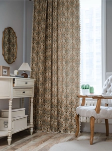 Detail of vintage floral pattern and tassel trim on high quality semi-sheer kitchen curtains