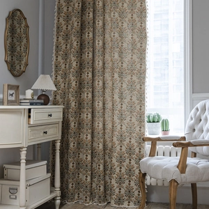 Elegant green jacquard window curtain with floral patterns and tassel fringe trim