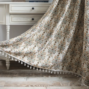 Floral jacquard curtain with elegant white tassel fringe in a retro country style