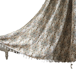 Floral green jacquard curtain with elegant white tassels for kitchen and window decor