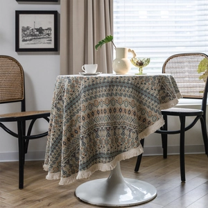 American Style Retro Jacquard Round Tablecloth With White Tassels Geometric Floral Polyester Cotton Blend Dining Table Cover Home Decor