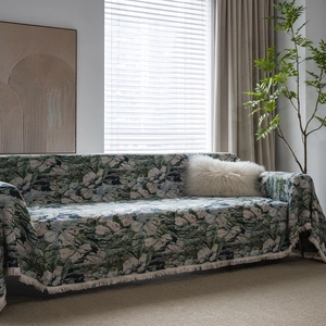 Jacquard floral sofa cover with tassels in blue and beige for home furniture protection