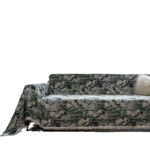 Floral green jacquard sofa cover with tassels and vintage bohemian pattern for home decor