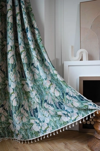 Detail of floral jacquard curtains with cotton tassels and French oil painting style