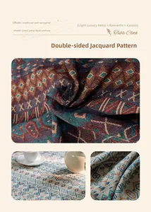 Close-up of bohemian geometric jacquard table cloth with high-density woven texture