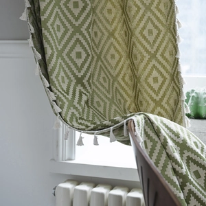 Boho Geometric Diamond Fret Pattern Cotton Curtain With Tassels American Country Semi Blackout Door Window Curtain For Kitchen Living Room