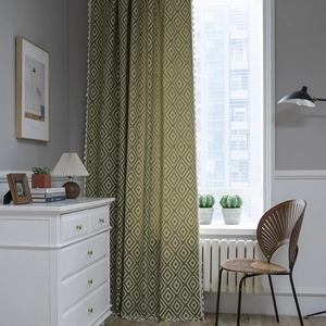 Olive green geometric pattern floor curtains with elegant white woven tassel edges