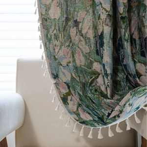 Vintage Jacquard Floral Door Curtain With Tassels Cotton Polyester Semi Shading Bohemian Flower Butterfly Pattern Drapery