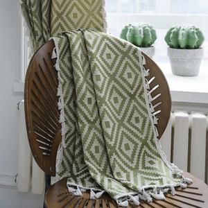 Green and cream geometric rhombus embroidered curtain with elegant white fringes