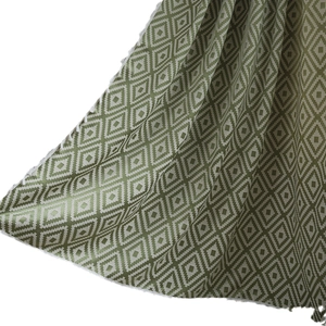 Olive green and white geometric diamond pattern kitchen curtain in rustic woven fabric