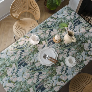 Elegant rectangular tablecloth with bohemian floral jacquard pattern in muted green and beige
