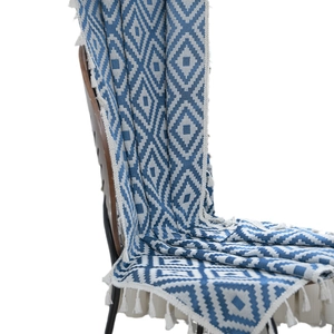 Country style blue and white geometric striped curtain with white decorative tassels