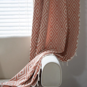 Bohemian Geometric Rhombus Pattern Cotton Curtain With Tassels American Style Semi Blackout Window Treatment For Living Room
