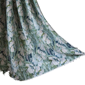 Jacquard floral curtain fabric in Morandi green and navy blue with elegant tassel edges