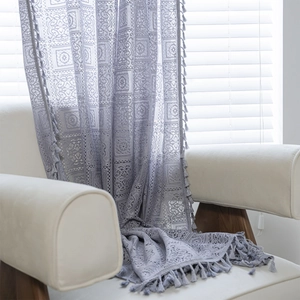 American Country Crochet Lace Curtains Hollow Geometric Floral Patterns Tassel Trim Translucent Window Treatments Bedroom Living Room