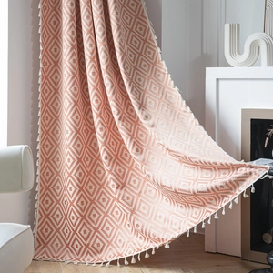 Bohemian style striped knit curtain with diamond geometric patterns and white fringe tassels