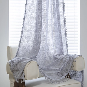 Grey crochet lace curtain with hollow embroidery and fringe for windows or balconies
