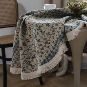 Bohemian style thick cotton linen tablecloth with blue and orange geometric patterns