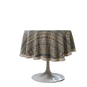 Bohemian style round tablecloth with geometric patterns and tassel edges for home decor