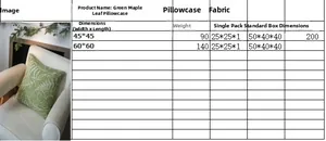 Detailed size chart for green leaf cushion cover showing 45x45cm and 60x60cm specifications