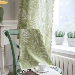 Green leaf printed cotton linen curtain with decorative white tassels for home decor