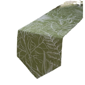 Runner da tavola moderno verde foresta con stampe di foglie bianche in cotone lino