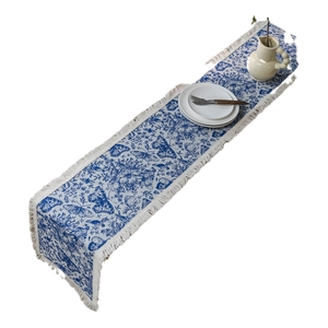 Runner da tavola con farfalle blu e fiori con nappe in cotone per decorazione casa
