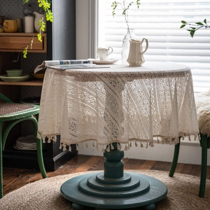 Pastoral Crochet Lace Round Tablecloth With Tassel Hollow Out Cotton Table Cover For Home Dining Room Decor Beige Gray