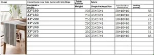 Size guide for gray jacquard table runner showing multiple lengths and weight details