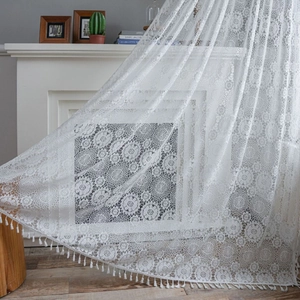 American Country Style Rose Crochet Lace Curtains Hollow Out Floral Window Treatment With Tassels For Living Room Bedroom
