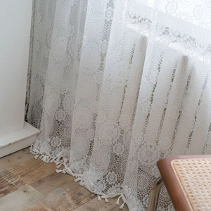 Elegant white lace crochet curtain with floral patterns and vintage tassel hem for home decor