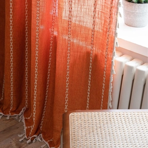Bohemian terracotta linen curtain with white geometric embroidery and tassels decor