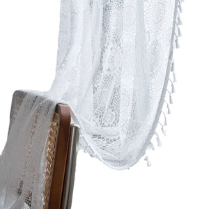 White crochet rose curtain with tassels for vintage farmhouse window decor