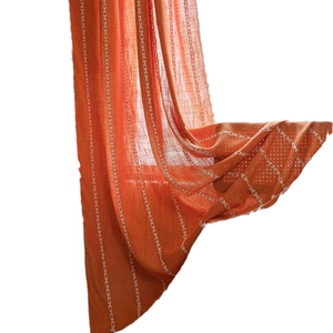Caramel orange cotton linen curtain with vertical white leaf embroidery stripes